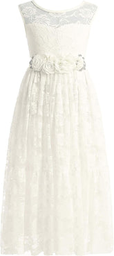 Big/Little Girls Lace Bridesmaid Dress with Belt Sheer Back Bohemian Kids Wedding Pageant Party Maxi Dresses